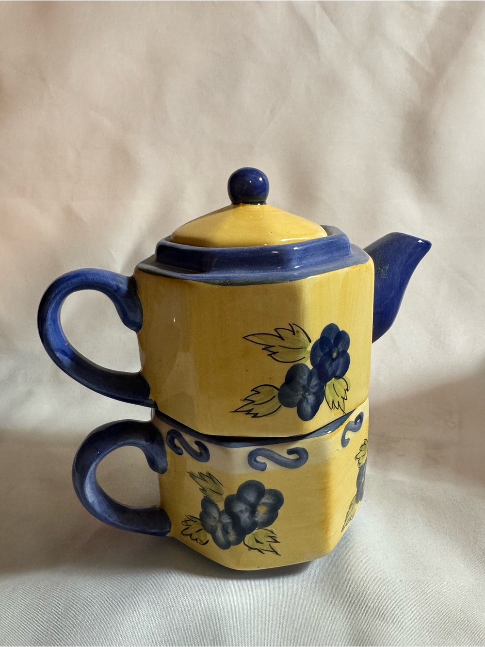 Morris National hand painted yellow and blue Creamer And Sugar Dish With Lid